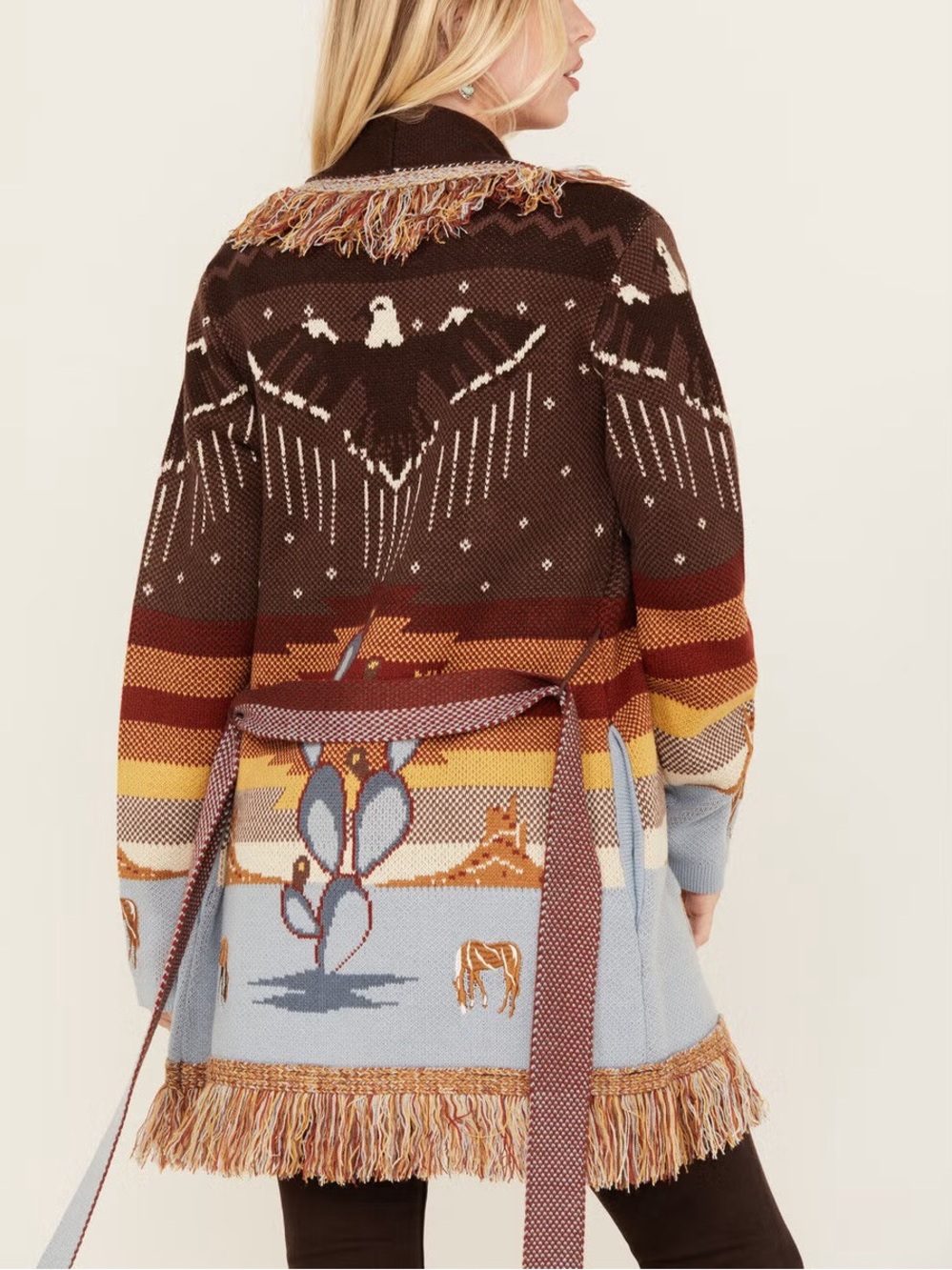 Idyllwind Desert Nights Fringe Horse Belted Cardigan Sweater Western Size Medium